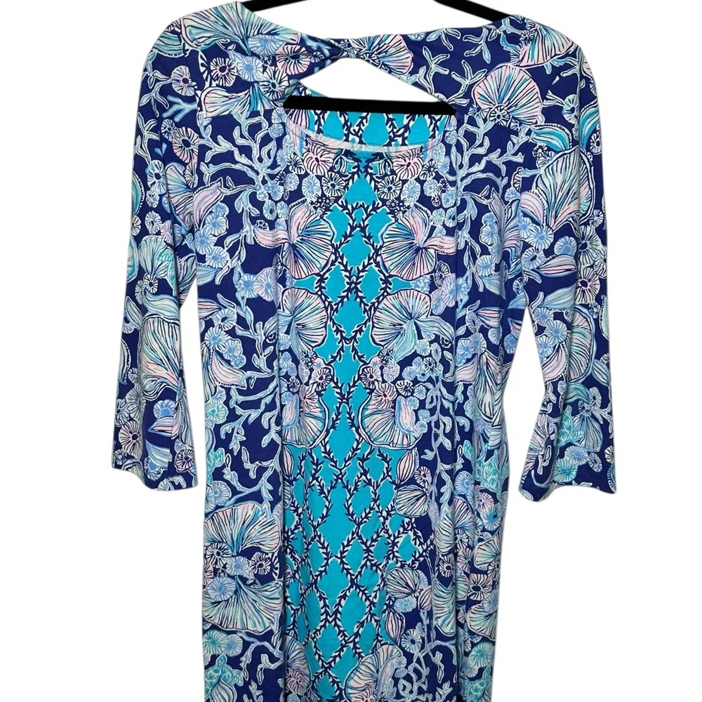 Lilly Pulitzer Navy Blue Shell Print Cotton‎ 3/4 Sleeve Knot Back Dress Women S